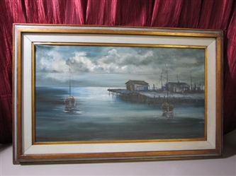 BEAUTIFUL FRAMED & MATTED OIL ON CANVAS BOATS BY THE DOCK BY "CECILLEE"