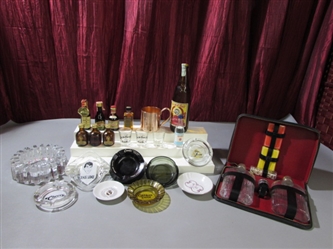 GAME TIME - SHOT GLASSES, COLLECTIBLE BOTTLES, ASHTRAYS & TRAVELING CASE WITH CARDS, FLASKS & MORE