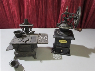 MINIATURE CAST IRON WOOD COOKING STOVE & REPRODUCTION COFFEE GRINDER