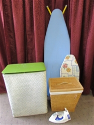 2 CLOTHES HAMPERS, 2 IRONING BOARDS AND A GE RETRACTABLE CORD IRON