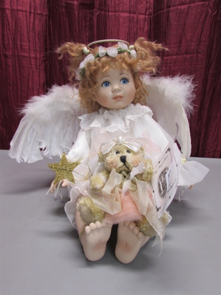 LIMITED EDITION PORCELAIN ANGEL DOLL BY GEPPEDDO & A LITTLE ANGEL BEAR