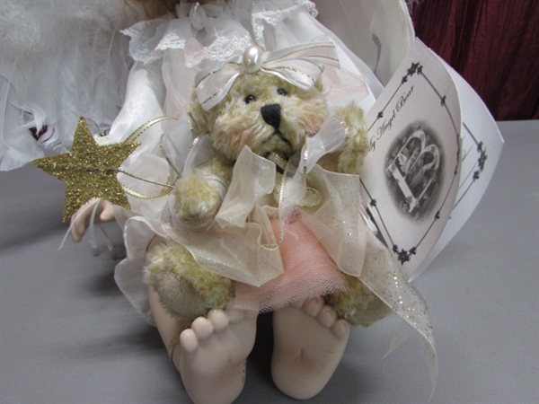 LIMITED EDITION PORCELAIN ANGEL DOLL BY GEPPEDDO & A LITTLE ANGEL BEAR