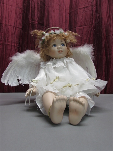 LIMITED EDITION PORCELAIN ANGEL DOLL BY GEPPEDDO & A LITTLE ANGEL BEAR