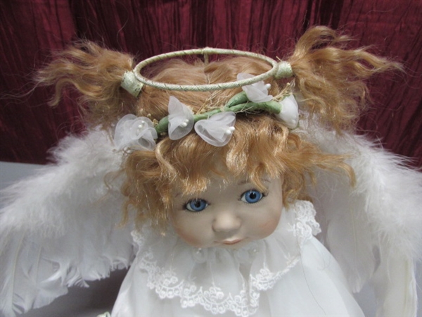 LIMITED EDITION PORCELAIN ANGEL DOLL BY GEPPEDDO & A LITTLE ANGEL BEAR