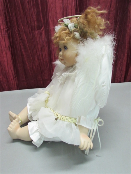 LIMITED EDITION PORCELAIN ANGEL DOLL BY GEPPEDDO & A LITTLE ANGEL BEAR