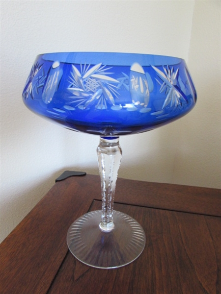 WATERFORD MARQUIS CRYSTAL CANISTER W/LID/VASE/BLUE BOWL/BLUE CUT GLASS PEDESTAL CANDY DISH