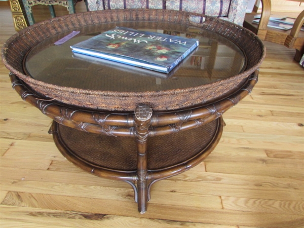 ROUND WOOD/WOVEN GLASS TOP COFFEE TABLE & MONET WATERLILY COFFEE TABLE BOOK
