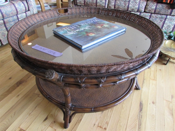 ROUND WOOD/WOVEN GLASS TOP COFFEE TABLE & MONET WATERLILY COFFEE TABLE BOOK