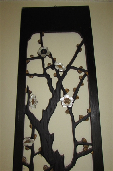 CARVED WOOD CHERRY BLOSSOM REVERSIBLE WALL ART & 3 SYROCO FLORAL WALL ART PIECES
