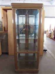 TALL LIGHTED CORNER CURIO CABINET WITH GLASS SHELVES