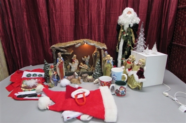 CHRISTMAS MANGER SCENE W/PORCELAIN FIGURINES, GLASS & CERAMIC TREES & MORE