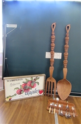 HAND CARVED FORK & SPOON, SOUVENIR SPOON HOLDER WITH SPOONS & RESIN "APPLE" TRAY