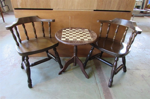 2 SOLID WOOD CHAIRS, ROUND CHECKERBOARD/CHESS TABLE & RECTANGULAR TABLE