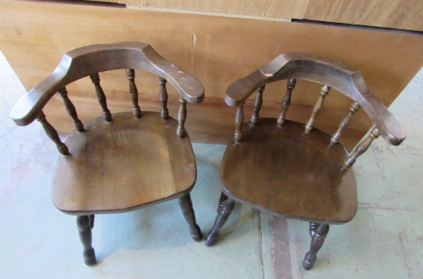 2 SOLID WOOD CHAIRS, ROUND CHECKERBOARD/CHESS TABLE & RECTANGULAR TABLE