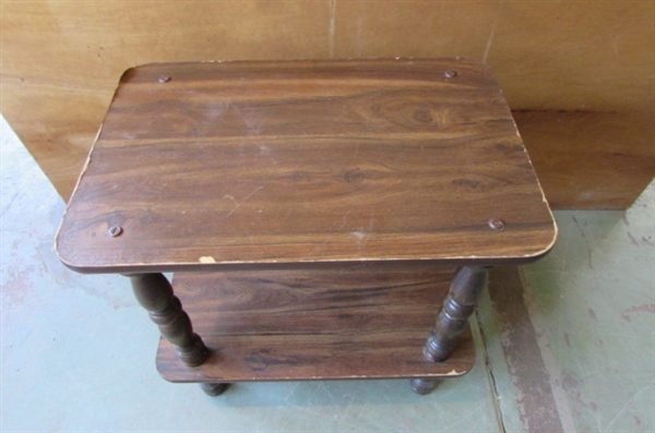 2 SOLID WOOD CHAIRS, ROUND CHECKERBOARD/CHESS TABLE & RECTANGULAR TABLE