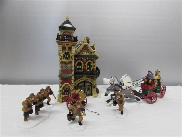 DEPT 56 DICKENS VILLAGE - ASHWICK LANE HOSE & LADDER FIREHOUSE WITH HORSE DRAWN WAGON & FIGURINES