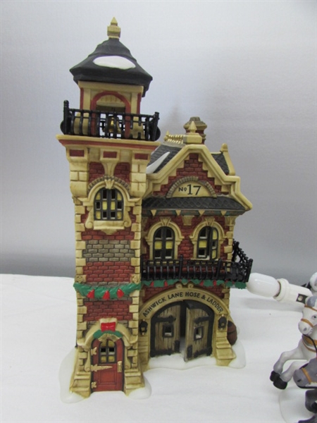 DEPT 56 DICKENS VILLAGE - ASHWICK LANE HOSE & LADDER FIREHOUSE WITH HORSE DRAWN WAGON & FIGURINES