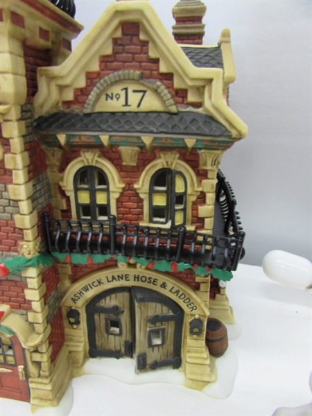 DEPT 56 DICKENS VILLAGE - ASHWICK LANE HOSE & LADDER FIREHOUSE WITH HORSE DRAWN WAGON & FIGURINES