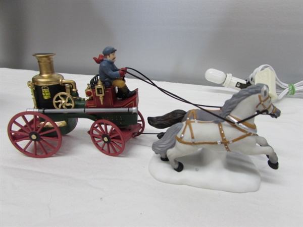 DEPT 56 DICKENS VILLAGE - ASHWICK LANE HOSE & LADDER FIREHOUSE WITH HORSE DRAWN WAGON & FIGURINES