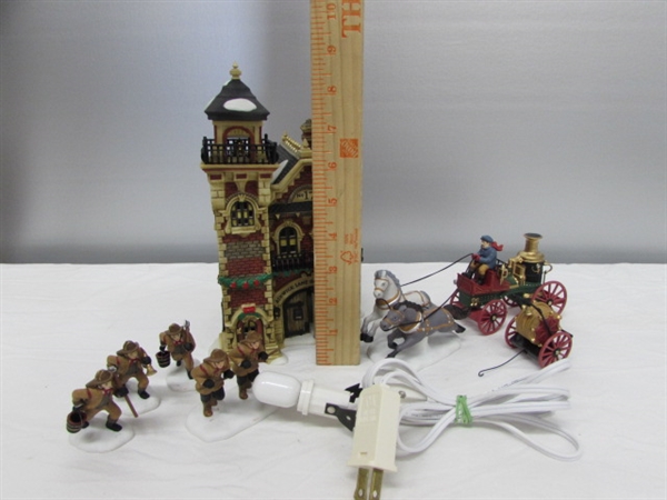 DEPT 56 DICKENS VILLAGE - ASHWICK LANE HOSE & LADDER FIREHOUSE WITH HORSE DRAWN WAGON & FIGURINES