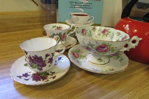 PRETTY CHINA CUPS, ICE TEA MAKER, WATER PITCHERS AND MORE