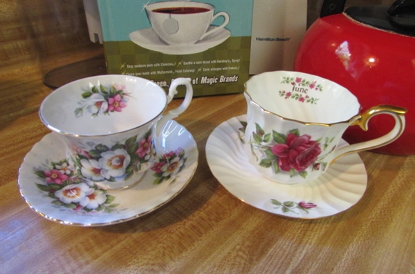 PRETTY CHINA CUPS, ICE TEA MAKER, WATER PITCHERS AND MORE