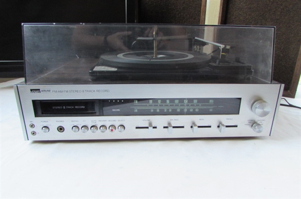 22 VENTURER TV/DVD COMBO & VINTAGE MONTGOMERY WARDS AIRLINE AM/FM STEREO 8-TRACK RECORD PLAYER