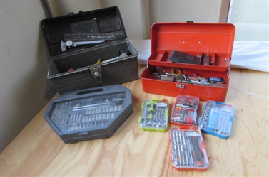 2 SMALL TOOL BOXES WITH MISC TOOLS, 4 SETS OF MINI-RATCHETING TOOLS & MORE