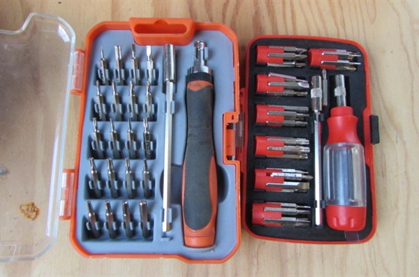 2 SMALL TOOL BOXES WITH MISC TOOLS, 4 SETS OF MINI-RATCHETING TOOLS & MORE
