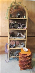 RATTAN SHELF UNIT LOADED WITH ADORABLE GARDEN DECOR & VINTAGE WOOD SIDE TABLE/PLANT STAND