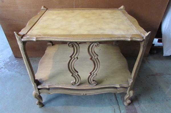 VINTAGE/ANTIQUE SIDE TABLE WITH EMBOSSED FAUX LEATHER TOP