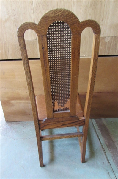 ANTIQUE WOOD CHAIR WITH CANED BACK & LEATHER SEAT