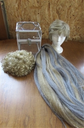 2 SHORT BLONDE WIGS, LONG BLONDE/GREY EXTRENSIONS & CARRYING CASE