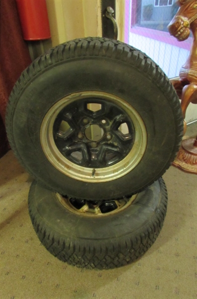 2 - P205/75R14 STUDDED RADIAL TIRES MOUNTED ON 5-LUG WHEELS