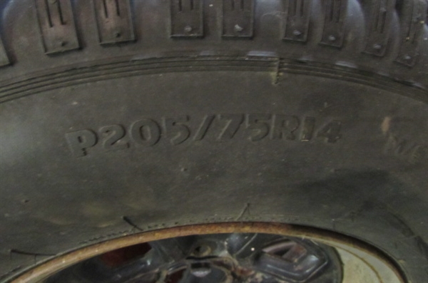 2 - P205/75R14 STUDDED RADIAL TIRES MOUNTED ON 5-LUG WHEELS