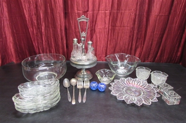 VINTAGE SILVERPLATE AND GLASS SERVING PIECES