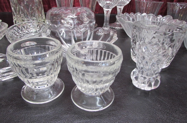 PRESSED GLASS PEDESTAL BOWL & LARGE LOT OF VARIOUS CLEAR GLASS PIECES