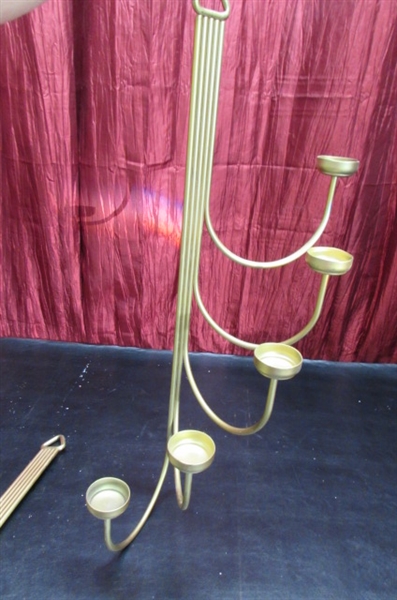 GOLD-TONE WALL MOUNT CANDLE HOLDERS & LARGE COLLECTION OF OF ASSORTED CANDLES