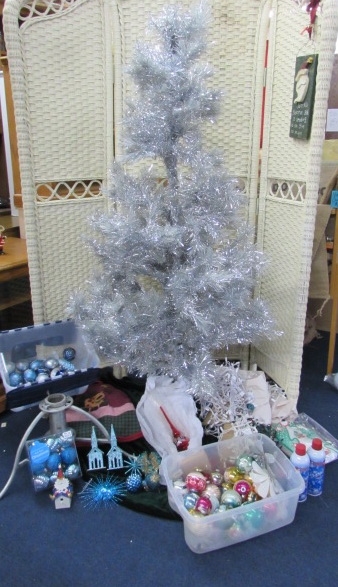 6 FT TINSEL TREE, LIGHTS, ORNAMENTS & MORE