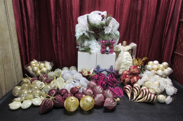ANGEL TREE TOPPER, WREATH & ASSORTED ORNAMENTS IN BURGUNDY, GOLD, PINK, LACE & MORE