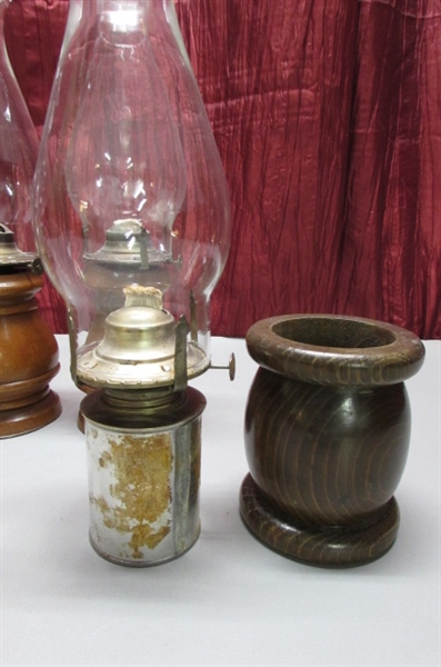WOOD AND GLASS BASE OIL LAMPS