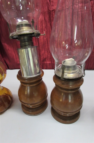WOOD AND GLASS BASE OIL LAMPS