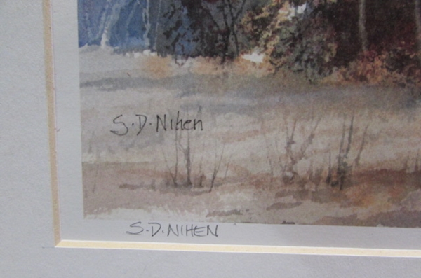 TWO MATTED S.D.NIHEN PRINTS & SALT LAMP