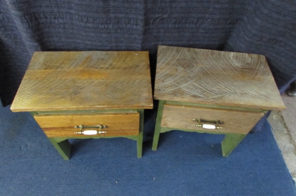 TWO RUSTIC WOOD SIDE TABLES