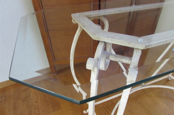 WROUGHT IRON FOYER TABLE WITH BEVELED GLASS TOP