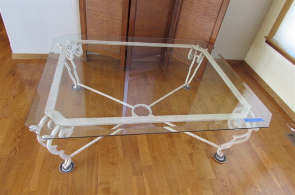 WROUGHT IRON COFFEE TABLE WITH BEVELED GLASS TOP