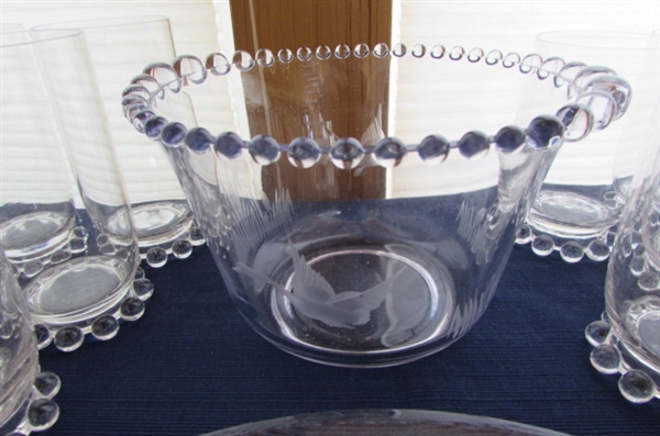 ETCHED GLASS BOWL AND GLASSES