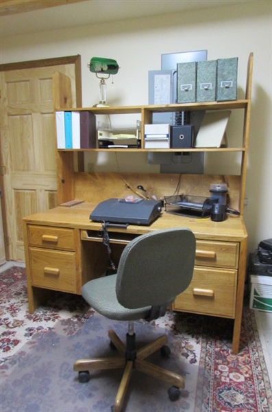 SOLID WOOD OFFICE DESK, ELECTRIC TYPEWRITER, OFFICE CHAIR & 2 FLOOR PROTECTORS