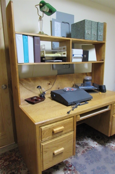 SOLID WOOD OFFICE DESK, ELECTRIC TYPEWRITER, OFFICE CHAIR & 2 FLOOR PROTECTORS