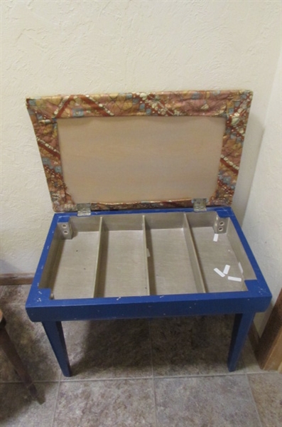 VINTAGE BENCH, METAL CASE, WOOD BOX AND ROCKING CHAIR